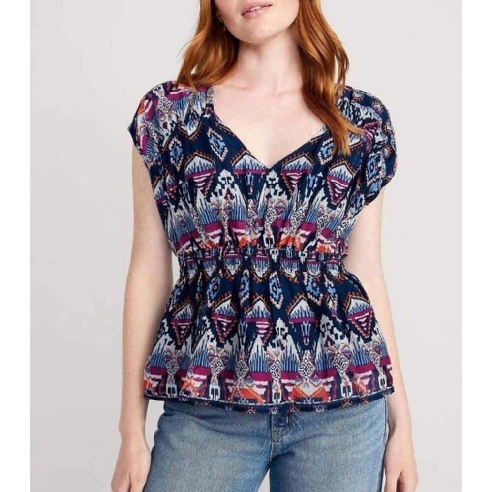 Old‎ Navy V Neck Defined Waist Poplin Top Blue Ikat Sz S Tall Lined Y2K Style